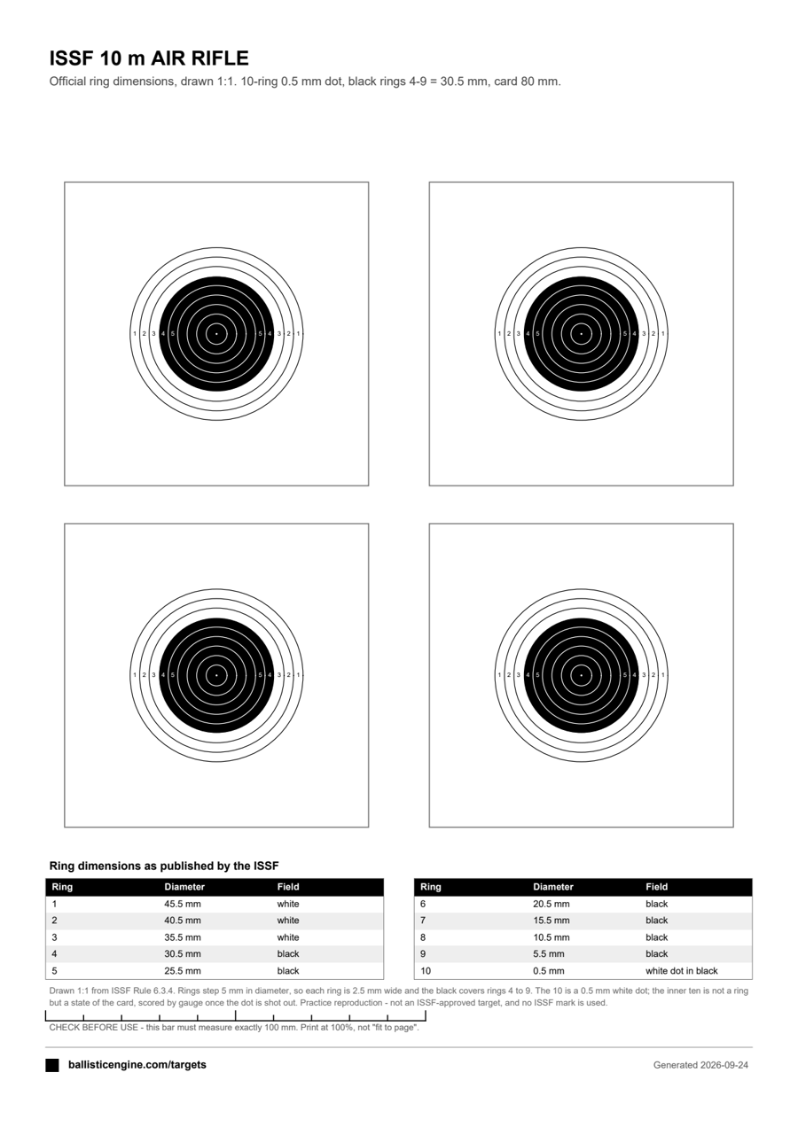 Full preview of the ISSF 10 m Air Rifle — Olympic precision target sheet