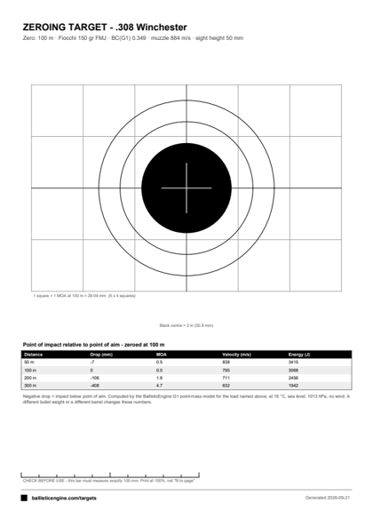 Full preview of the Zeroing Target — .308 Win @ 100 m target sheet