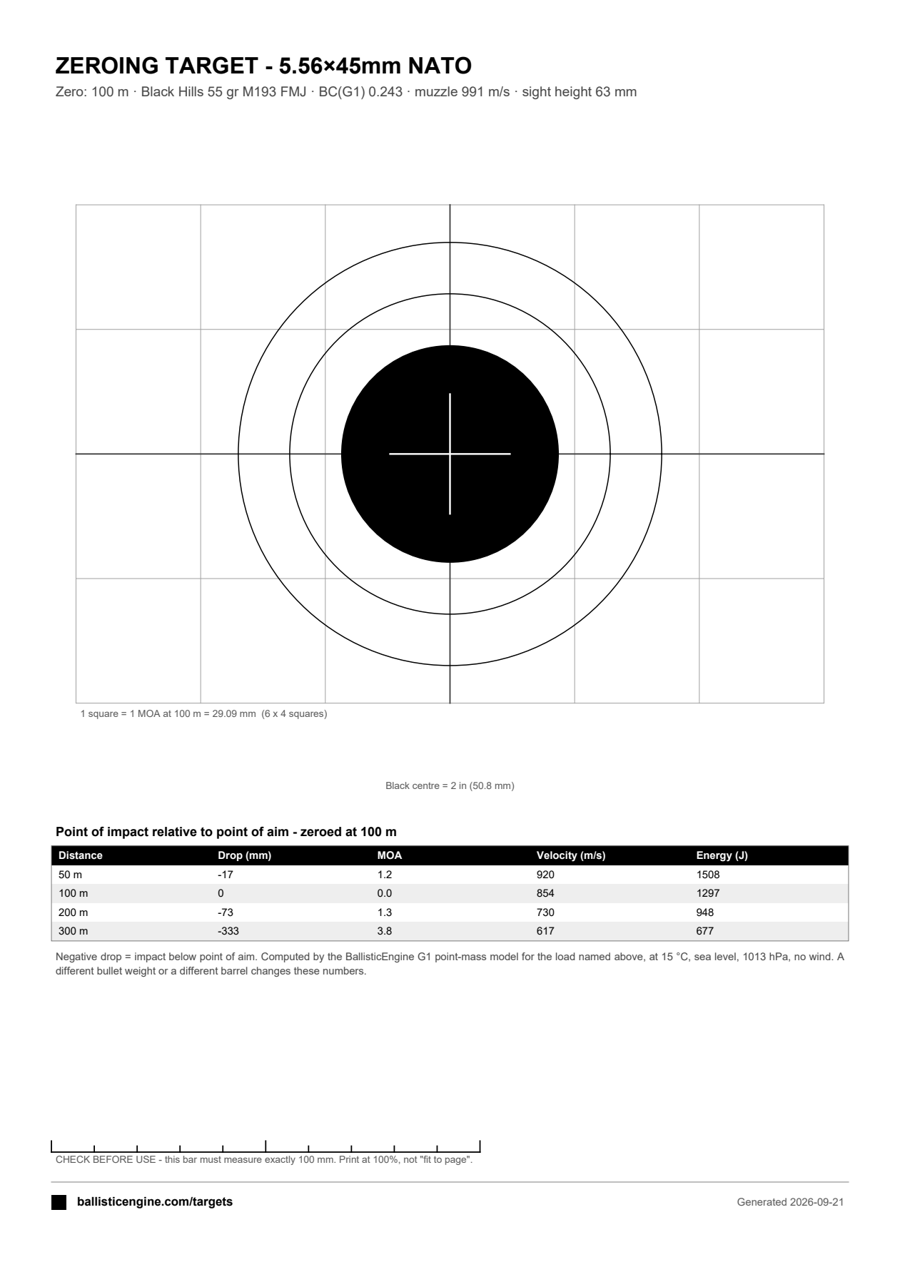 Full preview of the Zeroing Target — 5.56 NATO @ 100 m target sheet