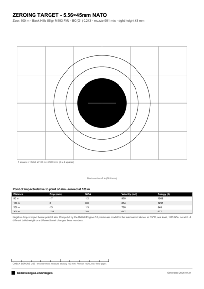 Full preview of the Zeroing Target — 5.56 NATO @ 100 m target sheet