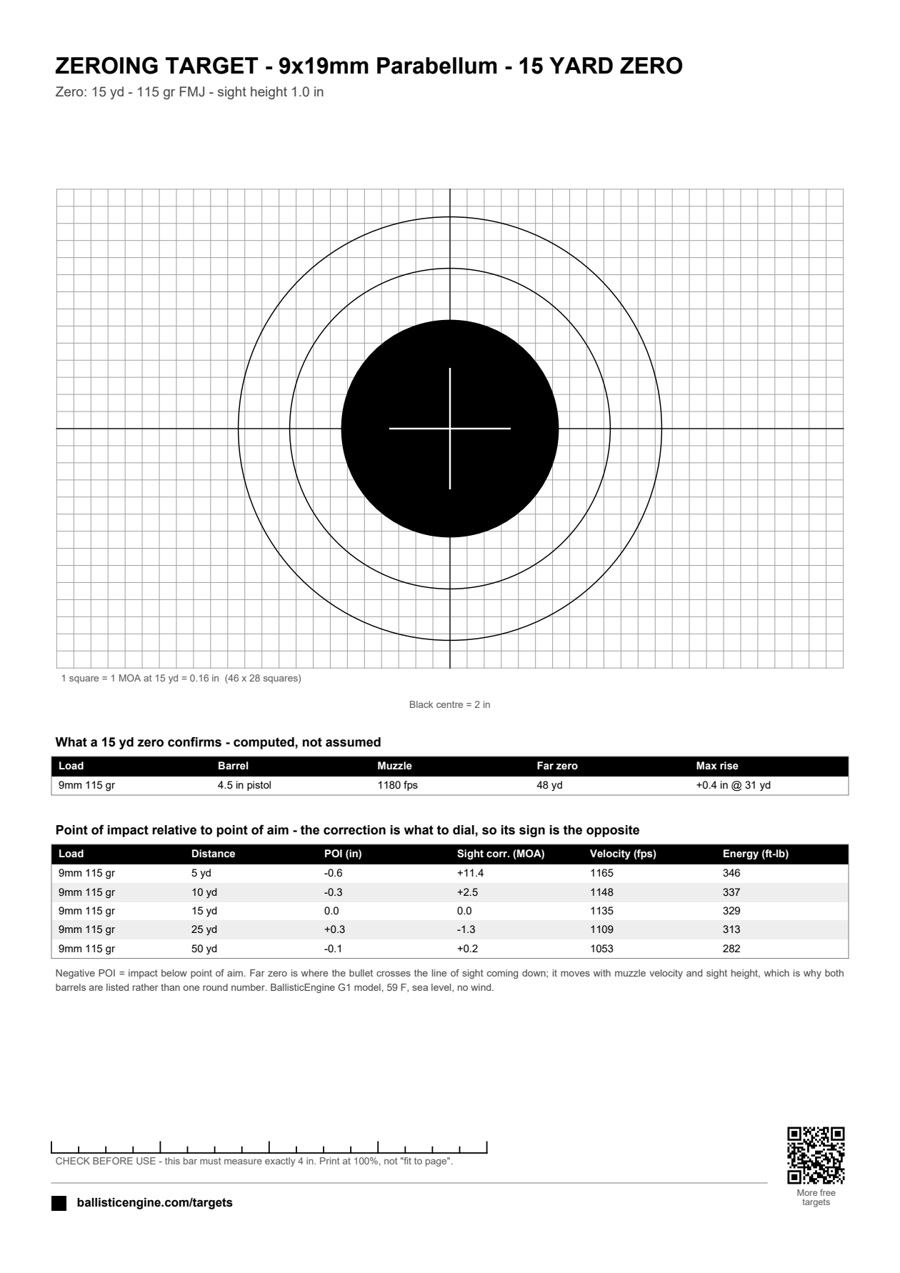 Full preview of the Zeroing Target — 9mm @ 15 yd sheet