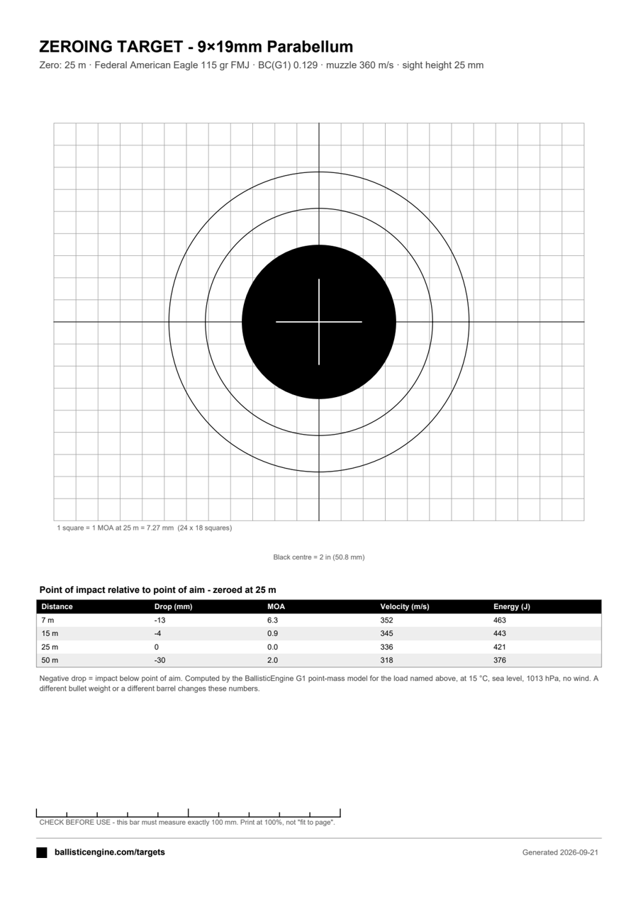 Full preview of the Zeroing Target — 9×19mm @ 25 m target sheet