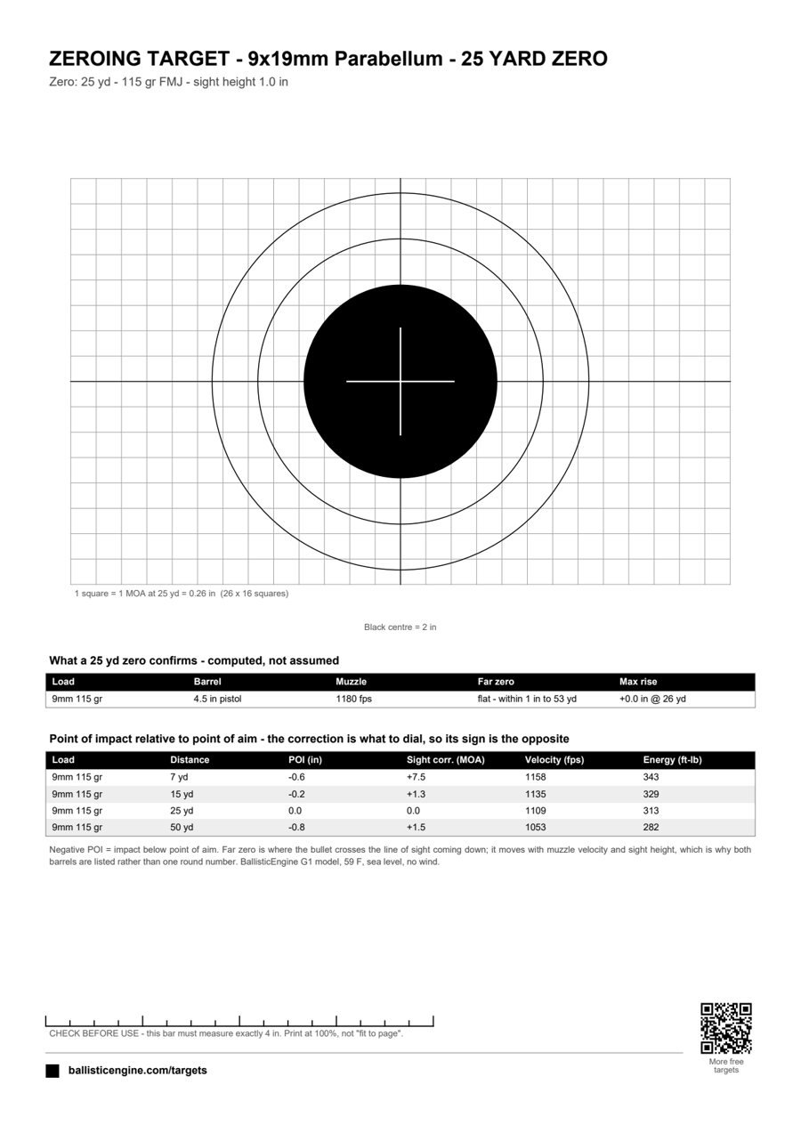 Full preview of the Zeroing Target — 9mm @ 25 yd sheet